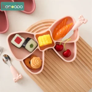 Baby Tableware Set BPA Free Silicone Bow Dish Tie Bowl Fork Food Plate Stainless Spoon Non-slip Tableware Newborn Feeding Tool