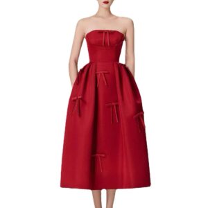 Light Luxury 2025 Bandeau Sexy Bow Cinched Waist Slim Swing Skirt Dress Midi Dress