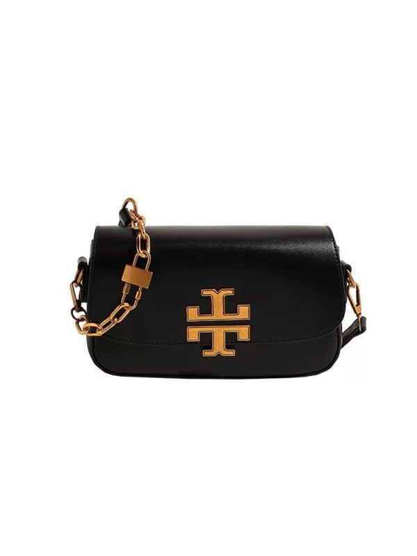 Tory Burch Kira Small Black Leather Flap Shoulder Bag with Gold-Tone Logo & Chain Strap